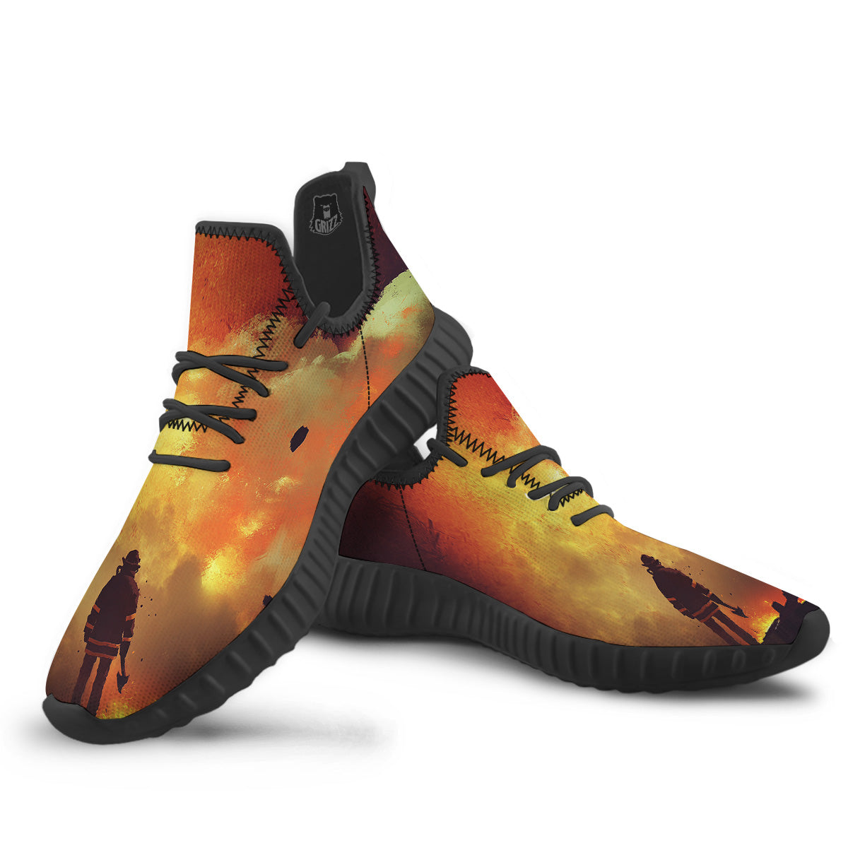 Brave Firefighter In The Fire Print Black Walking Shoes-grizzshop