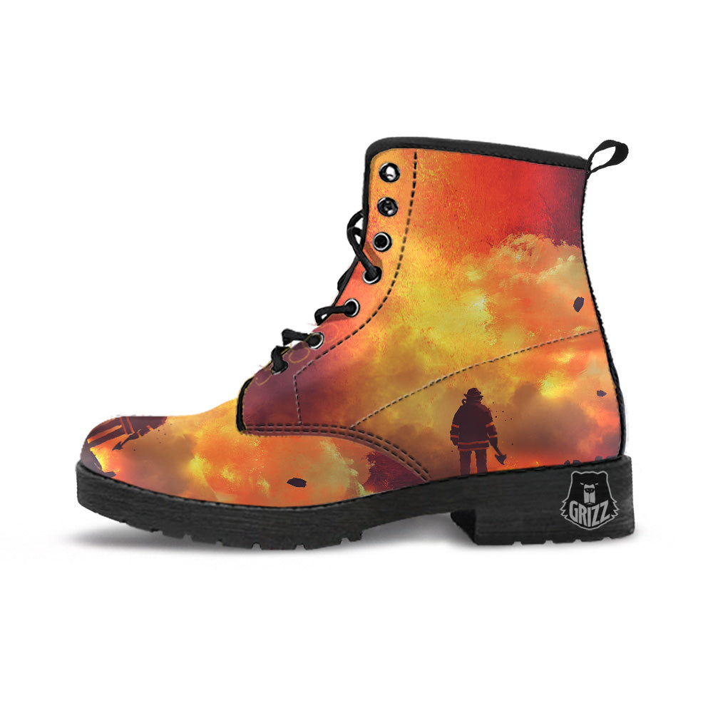 Brave Firefighter In The Fire Print Leather Boots-grizzshop