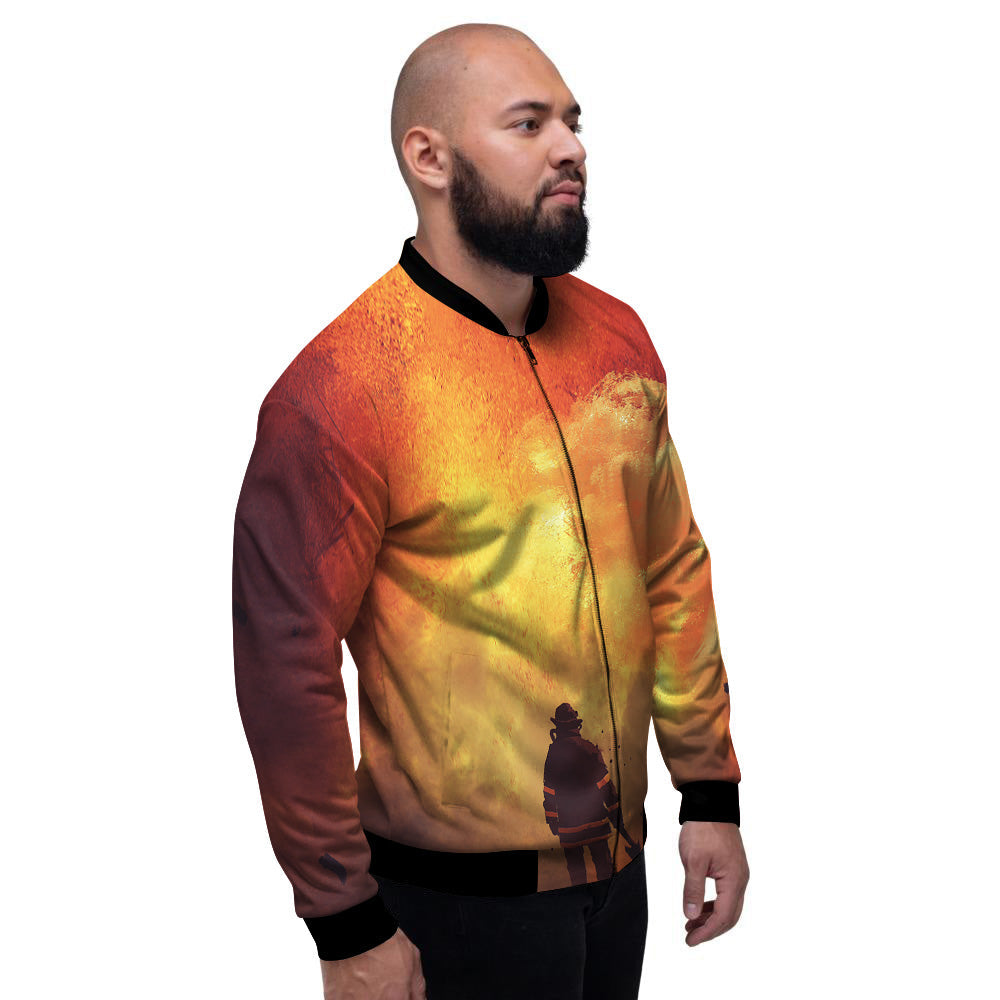 Brave Firefighter In The Fire Print Men's Bomber Jacket-grizzshop