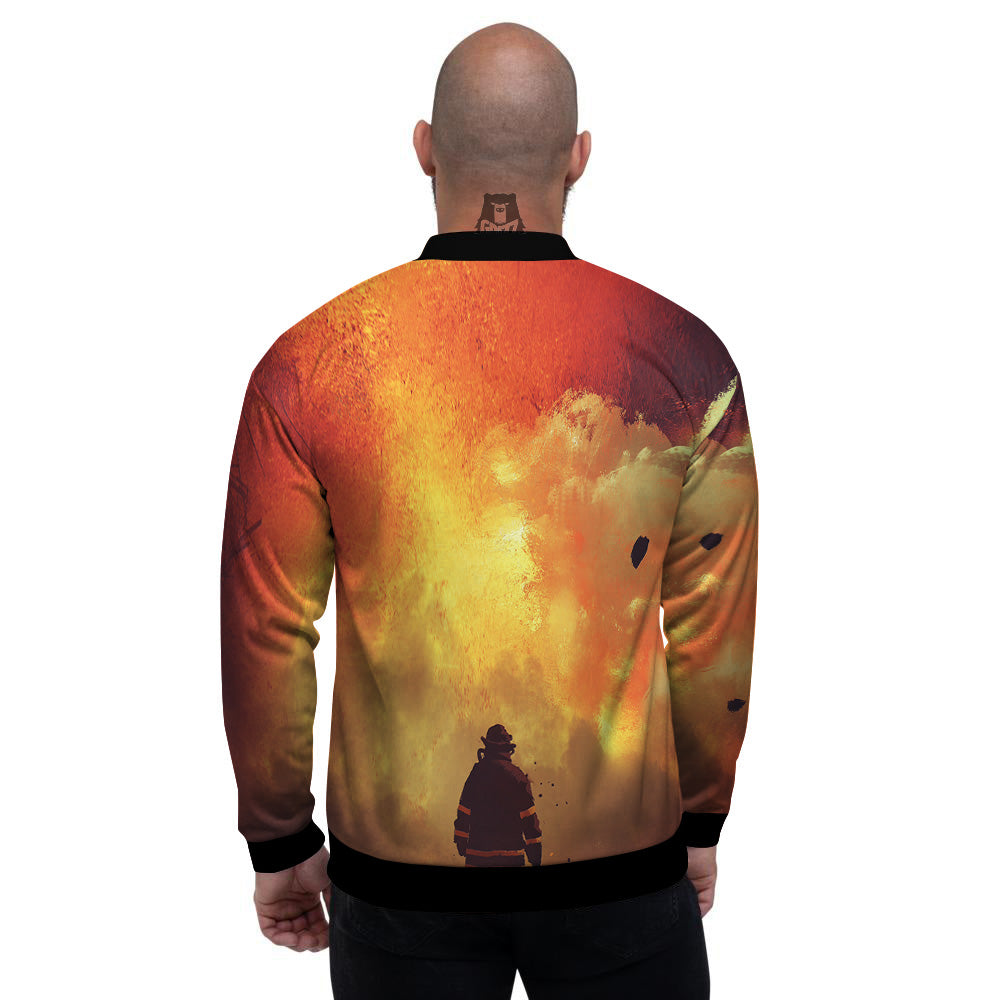 Brave Firefighter In The Fire Print Men's Bomber Jacket-grizzshop