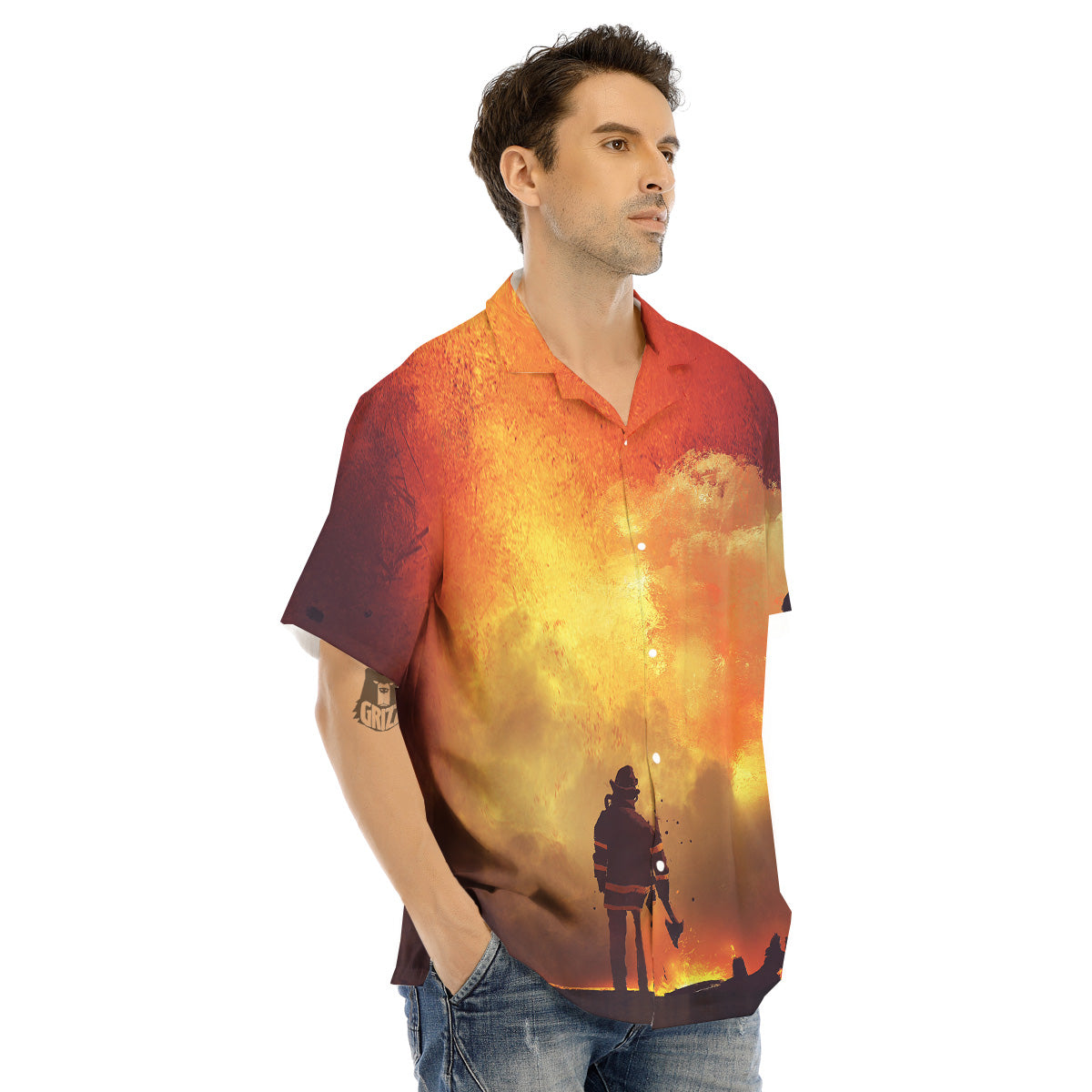 Brave Firefighter In The Fire Print Men's Hawaiian Shirt-grizzshop