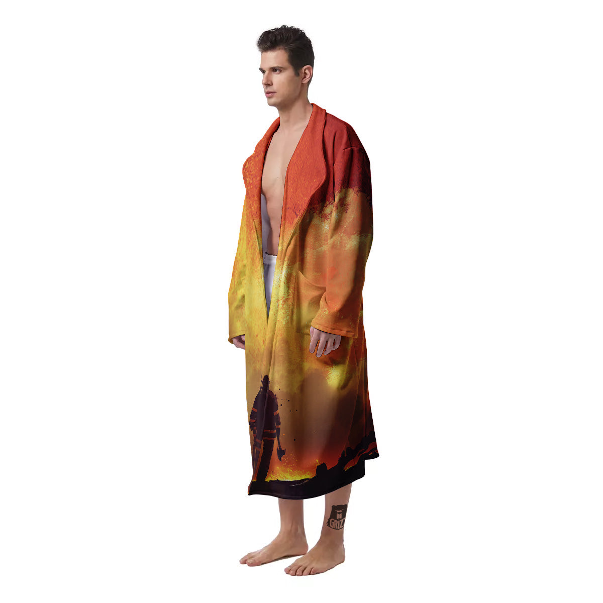 Brave Firefighter In The Fire Print Men's Robe-grizzshop