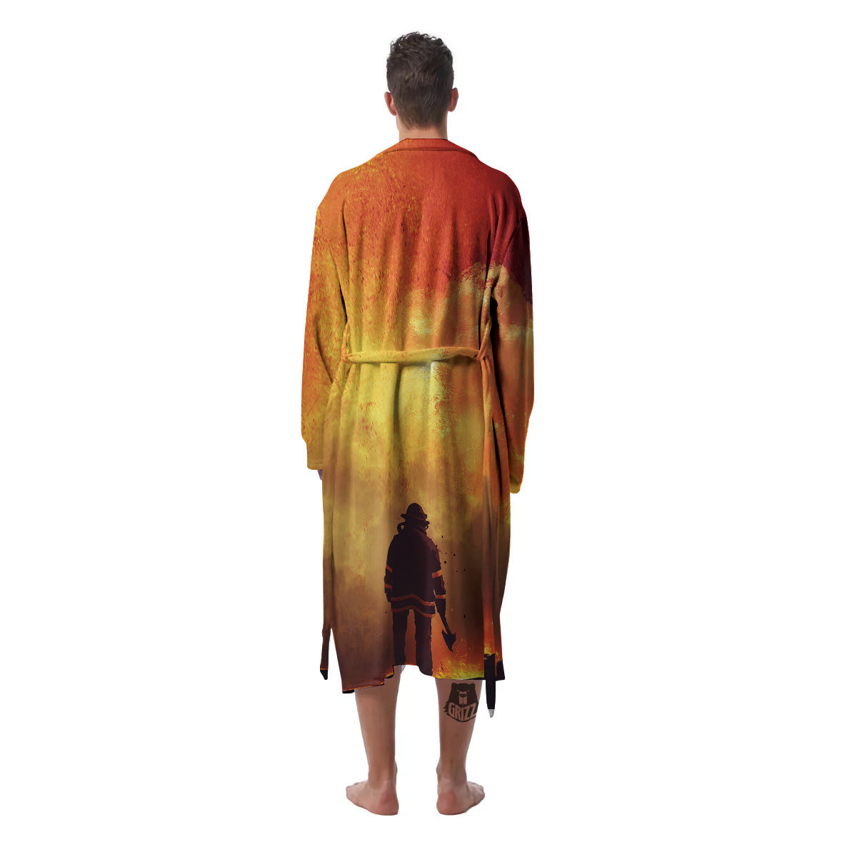 Brave Firefighter In The Fire Print Men's Robe-grizzshop