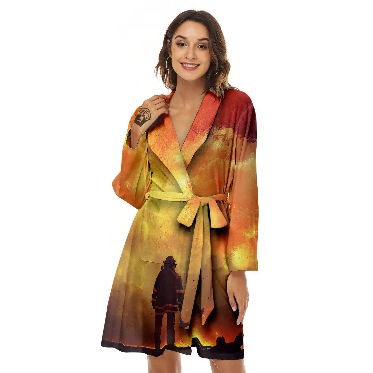 Brave Firefighter In The Fire Print Women's Robe-grizzshop