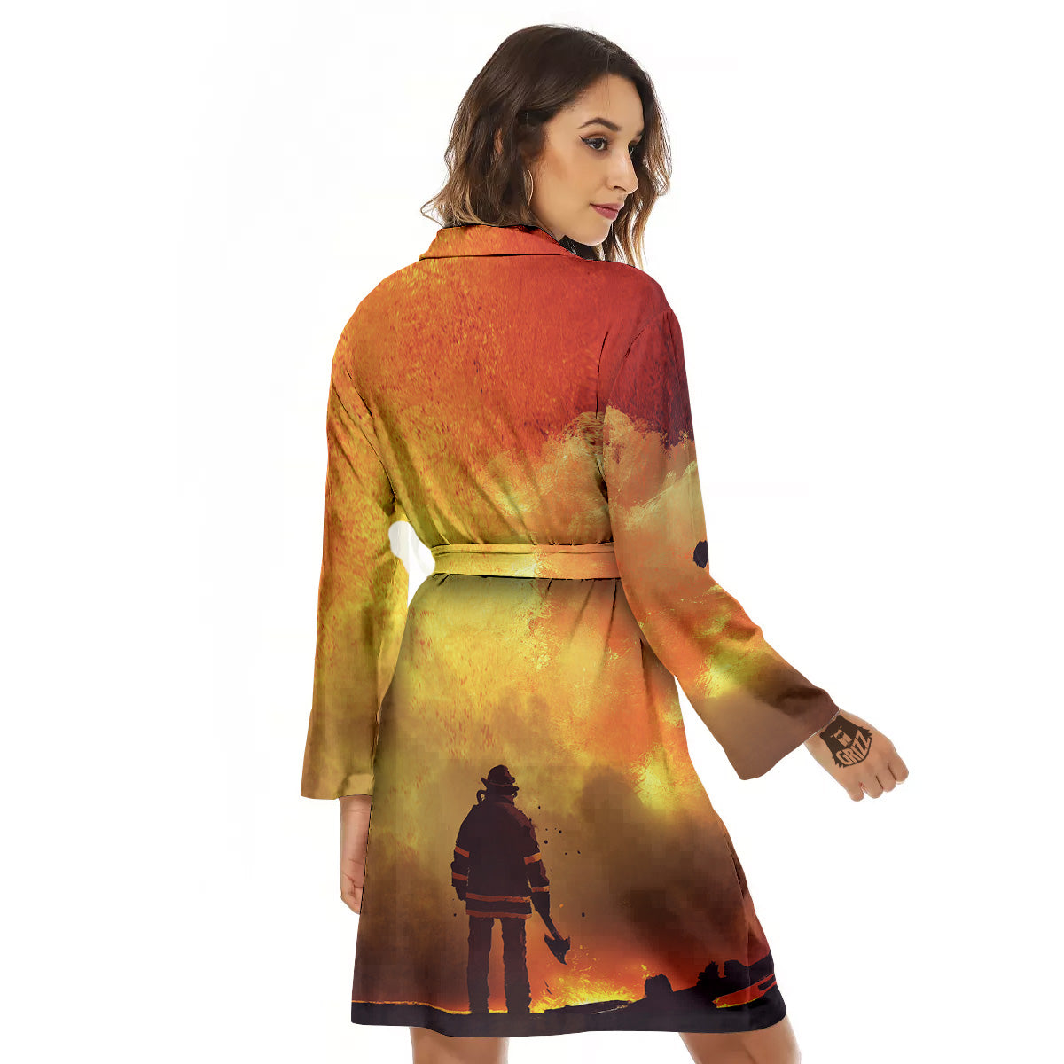 Brave Firefighter In The Fire Print Women's Robe-grizzshop