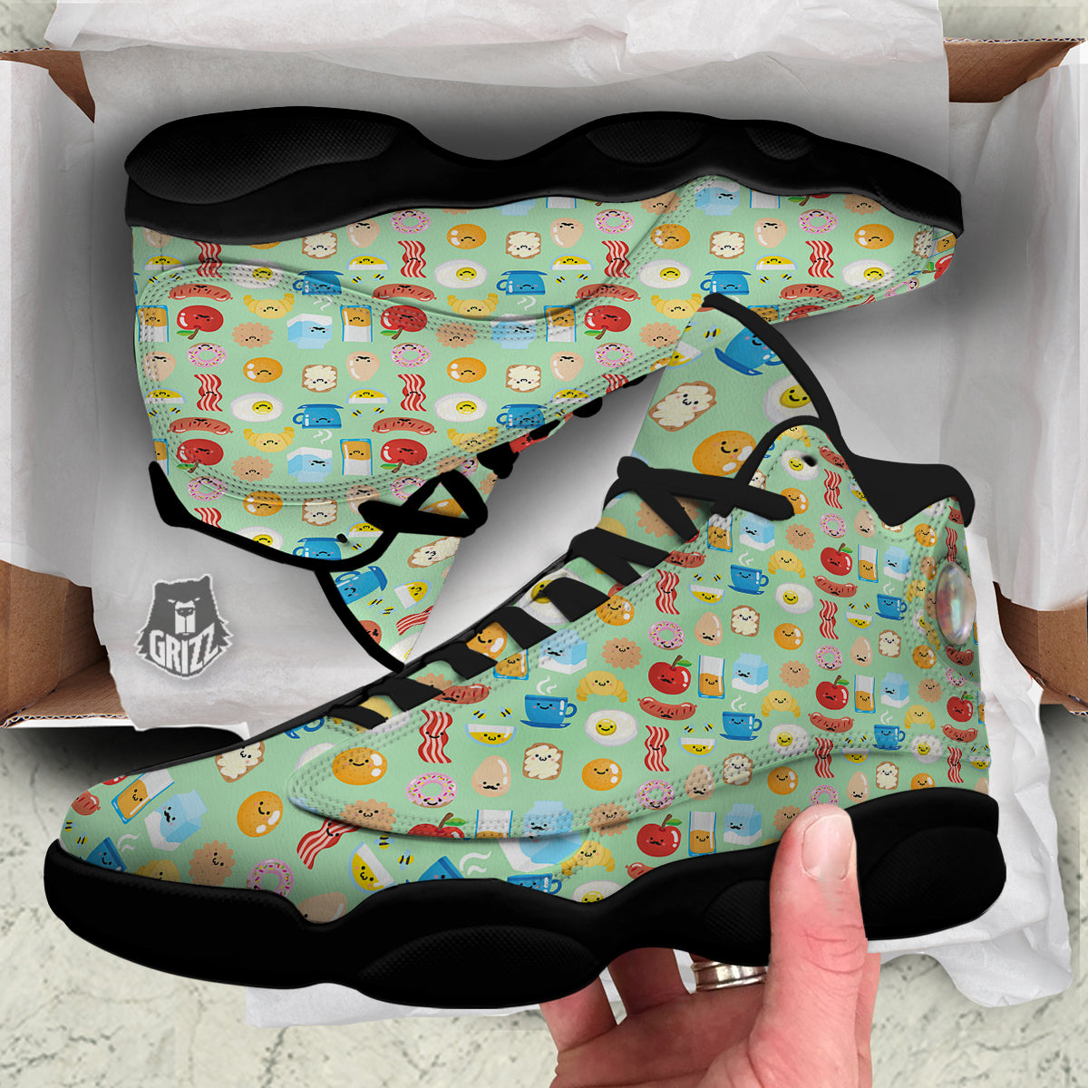 Breakfast Cartoon Print Pattern Black Basketball Shoes-grizzshop