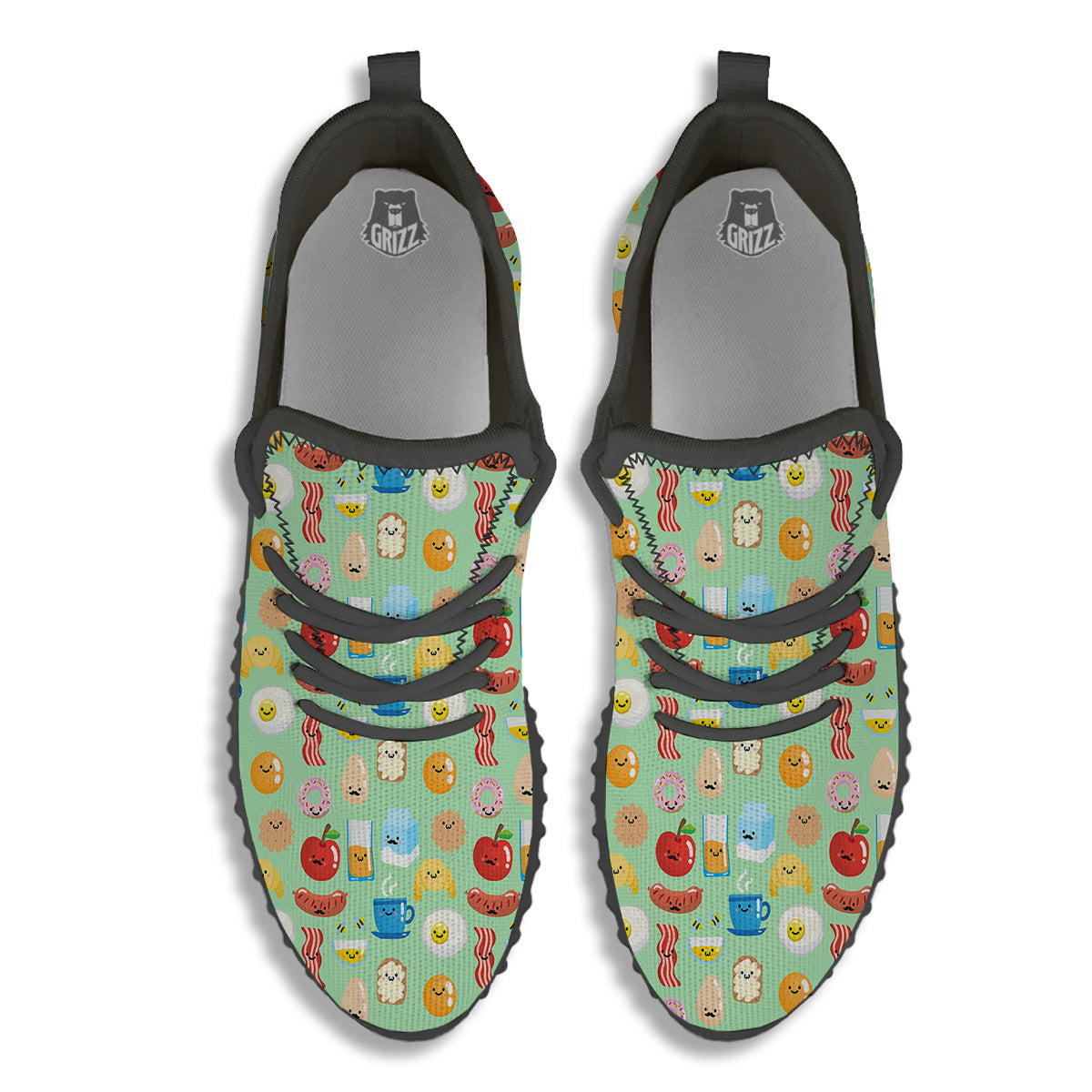 Breakfast Cartoon Print Pattern Black Walking Shoes-grizzshop
