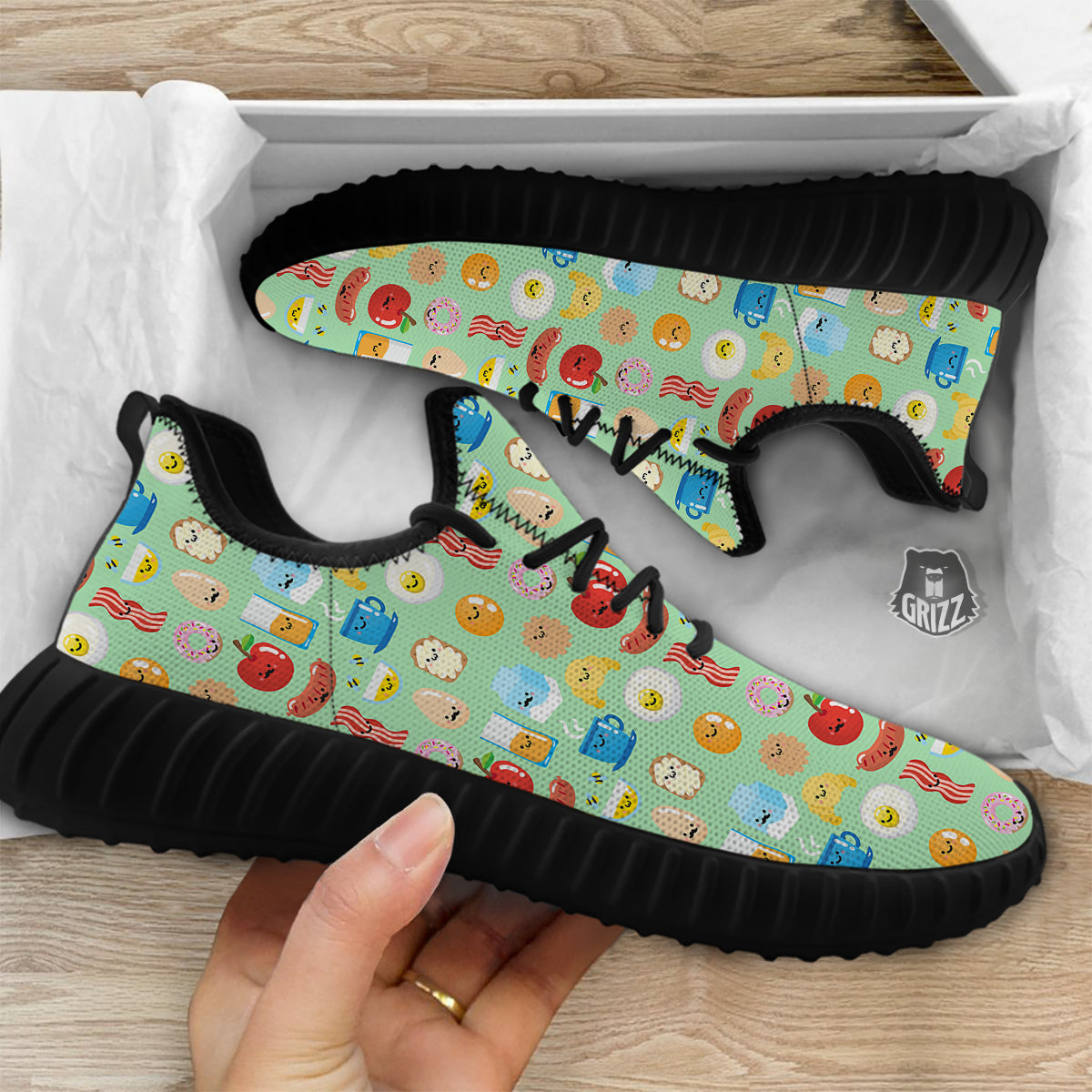 Breakfast Cartoon Print Pattern Black Walking Shoes-grizzshop
