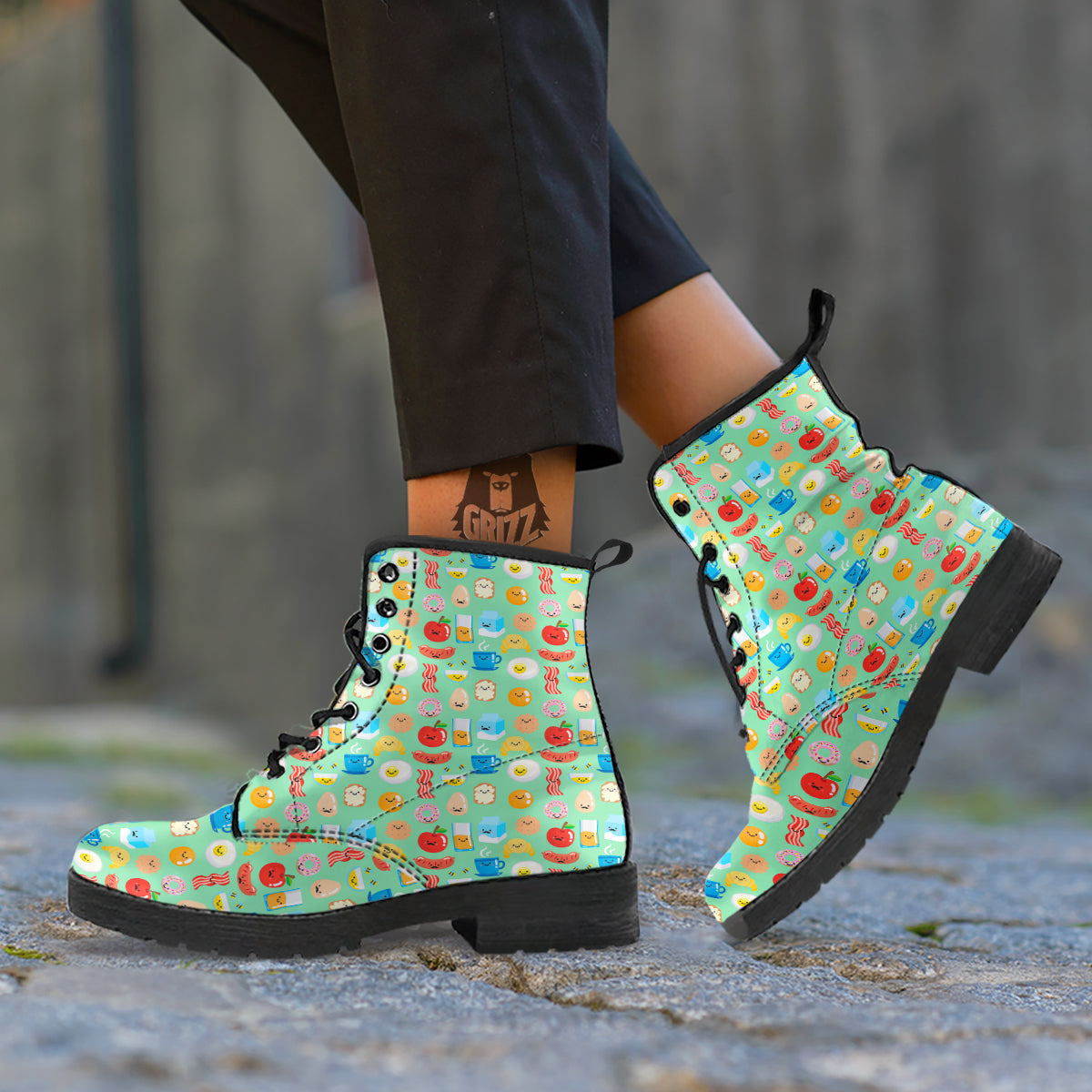 Breakfast Cartoon Print Pattern Leather Boots-grizzshop