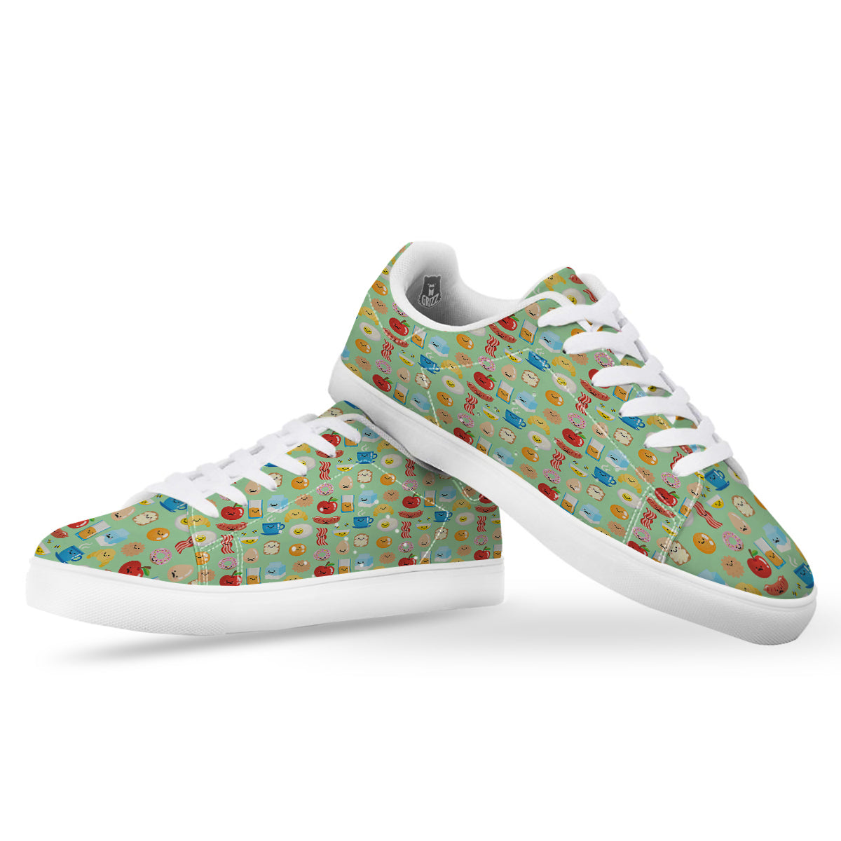 Breakfast Cartoon Print Pattern White Low Top Sneakers-grizzshop