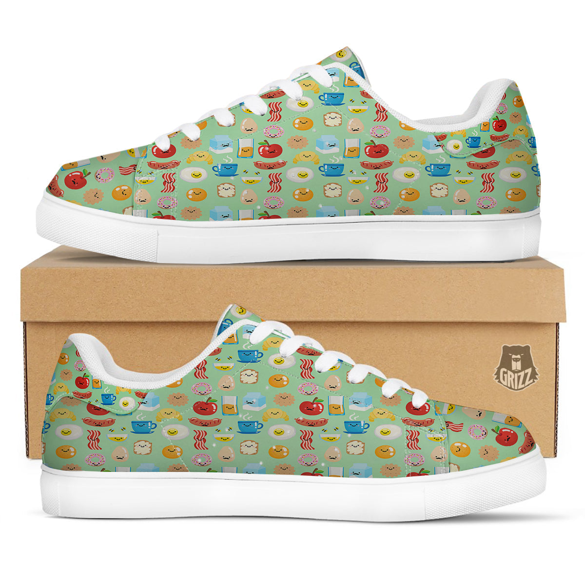Breakfast Cartoon Print Pattern White Low Top Sneakers-grizzshop
