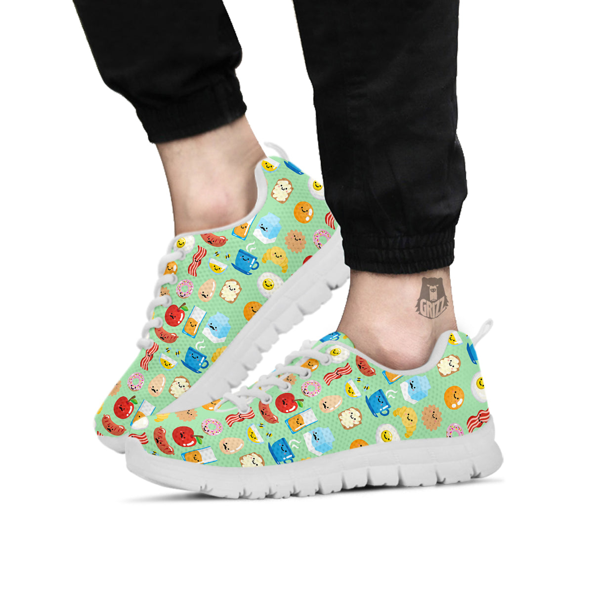 Breakfast Cartoon Print Pattern White Sneaker-grizzshop