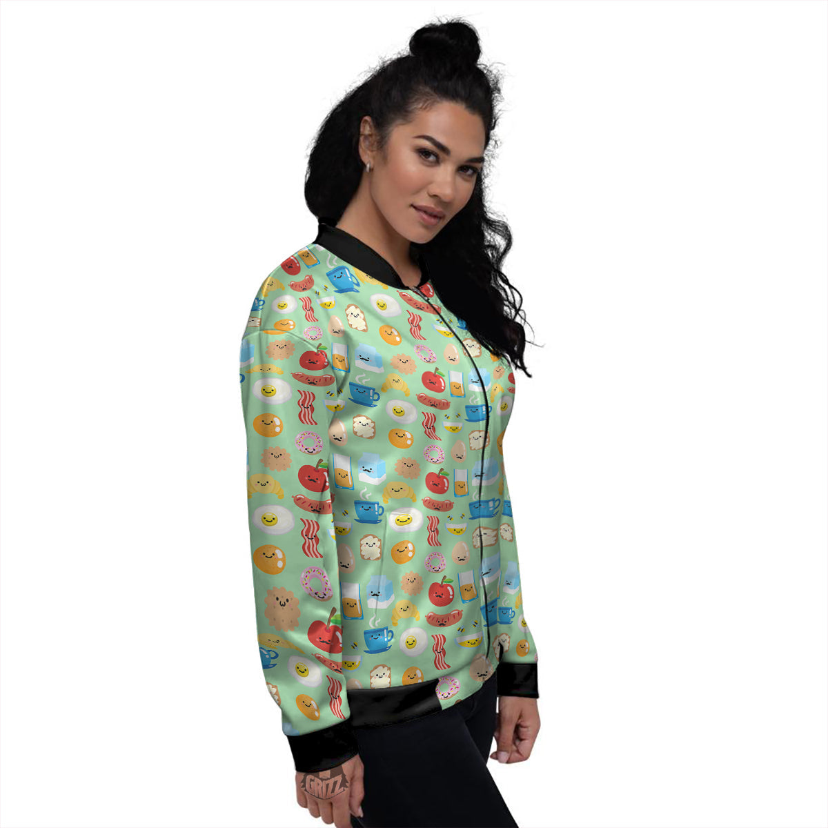 Breakfast Cartoon Print Pattern Women's Bomber Jacket-grizzshop