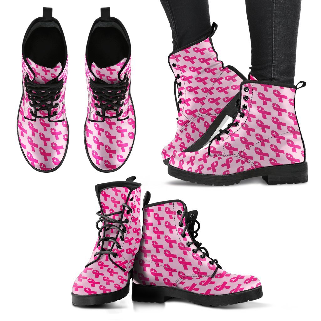 Breast Cancer Awareness Pink Ribbon Print Pattern Men Women Leather Boots-grizzshop