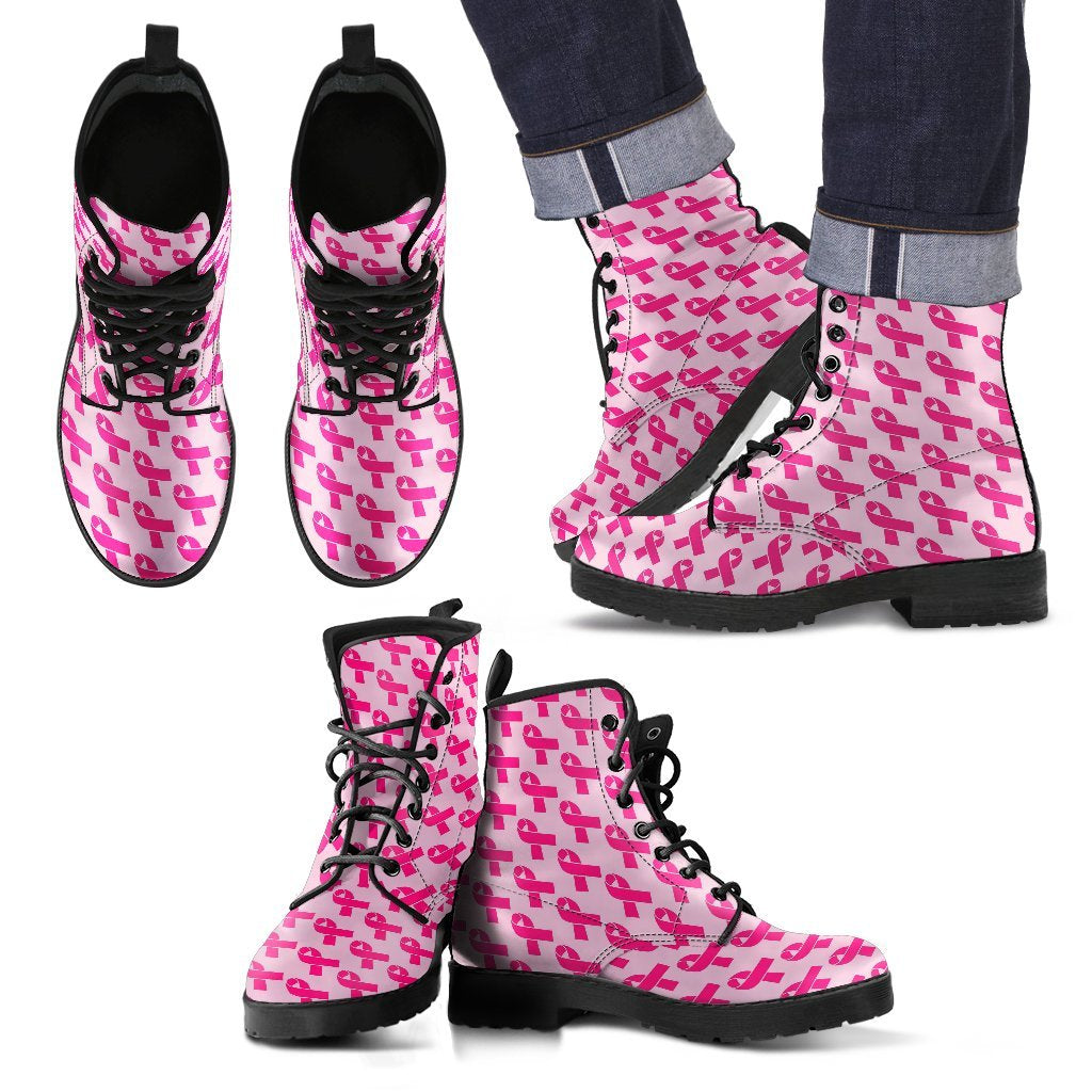 Breast Cancer Awareness Pink Ribbon Print Pattern Men Women Leather Boots-grizzshop