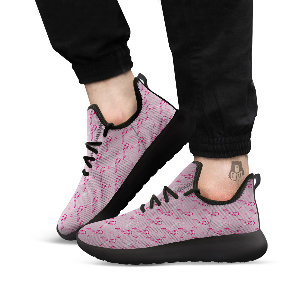 Breast Cancer Awareness Print Pattern Black Athletic Shoes-grizzshop