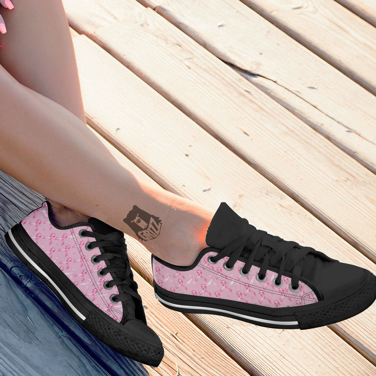 Breast Cancer Awareness Print Pattern Black Low Top Shoes-grizzshop