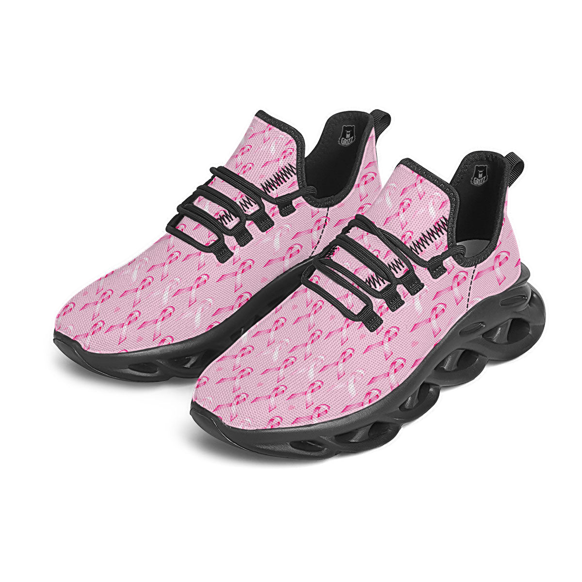 Breast Cancer Awareness Print Pattern Black Running Shoes-grizzshop