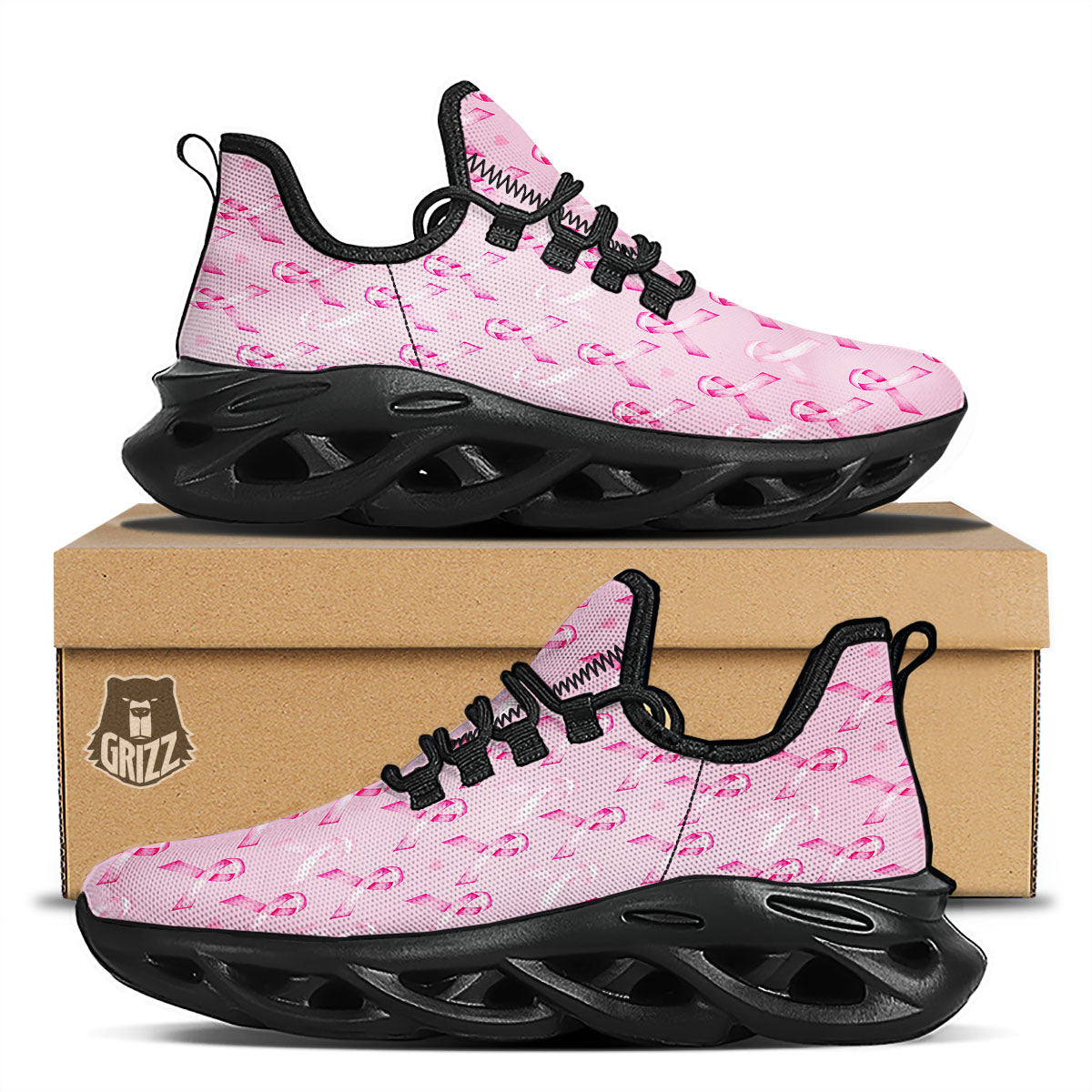 Breast Cancer Awareness Print Pattern Black Running Shoes-grizzshop