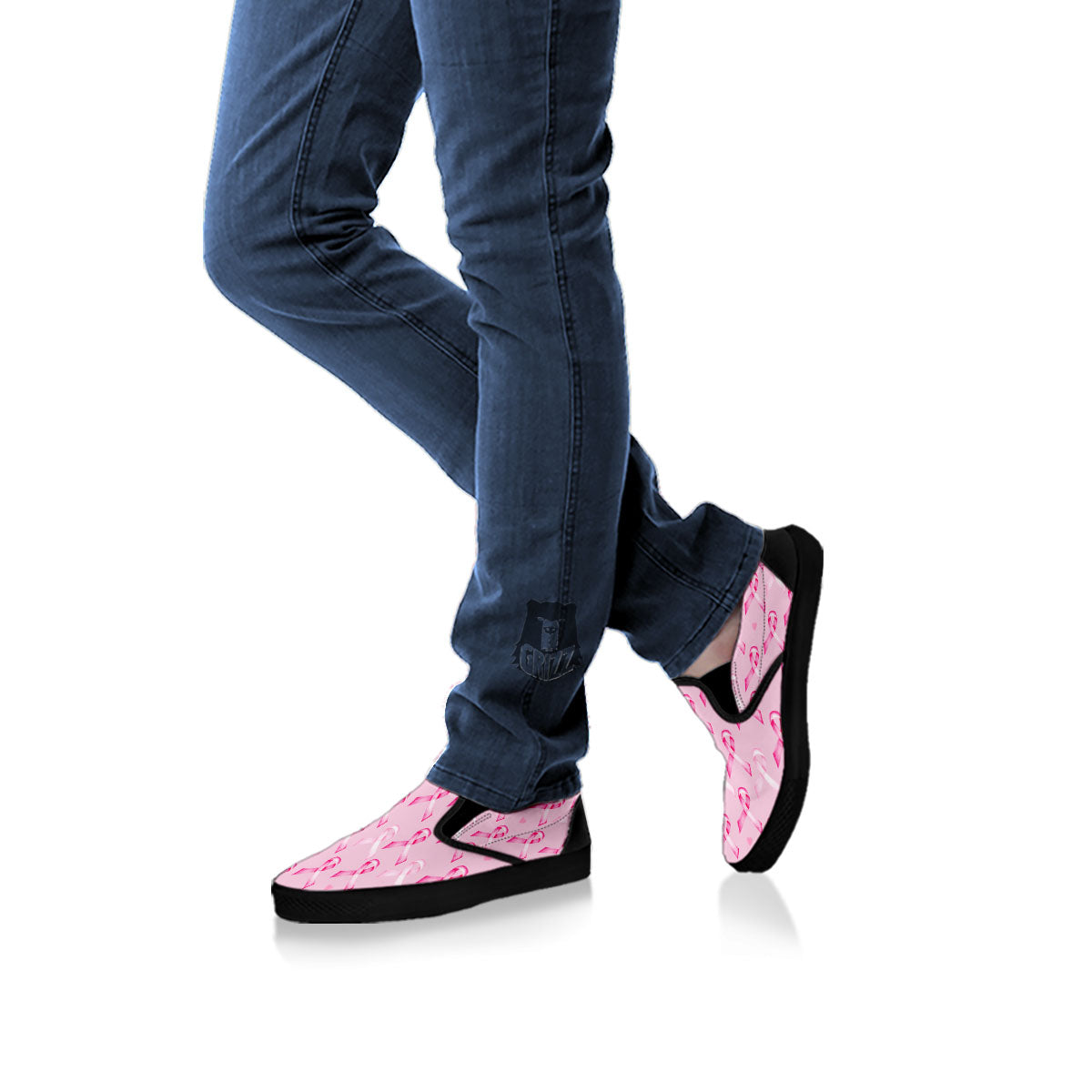 Breast Cancer Awareness Print Pattern Black Slip On Shoes-grizzshop
