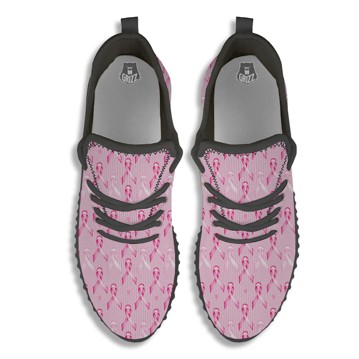 Breast Cancer Awareness Print Pattern Black Walking Shoes-grizzshop