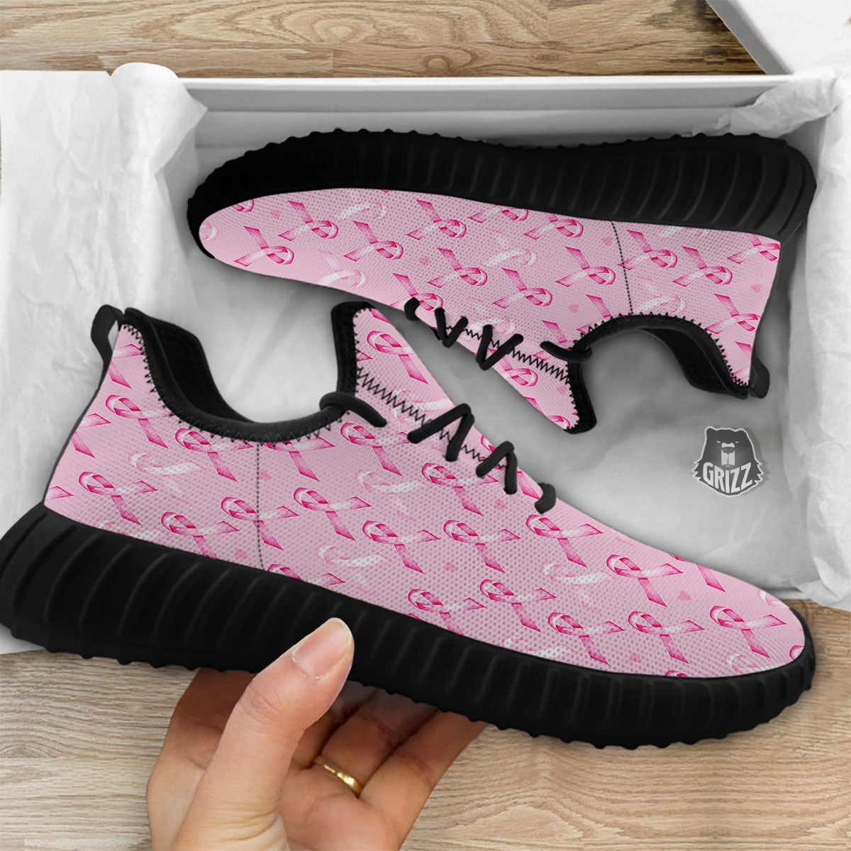 Breast Cancer Awareness Print Pattern Black Walking Shoes-grizzshop
