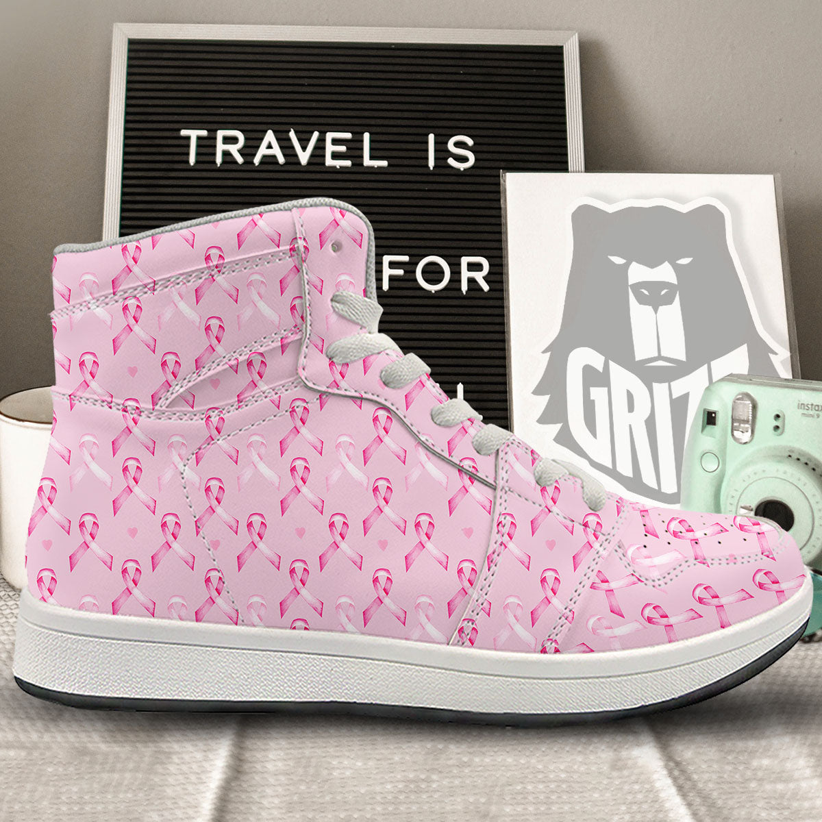 Breast Cancer Awareness Print Pattern High Top Sneakers-grizzshop