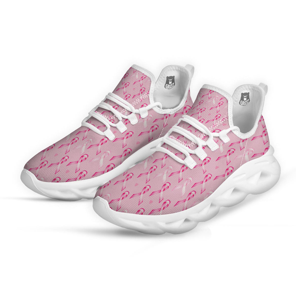 Breast Cancer Awareness Print Pattern White Running Shoes-grizzshop