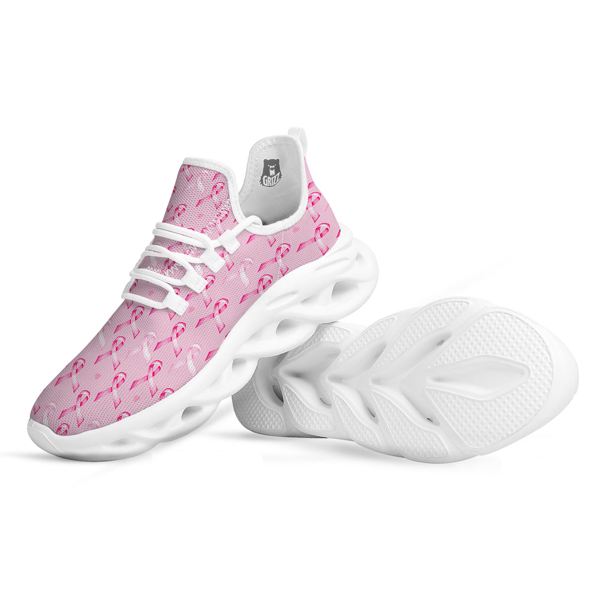 Breast Cancer Awareness Print Pattern White Running Shoes-grizzshop