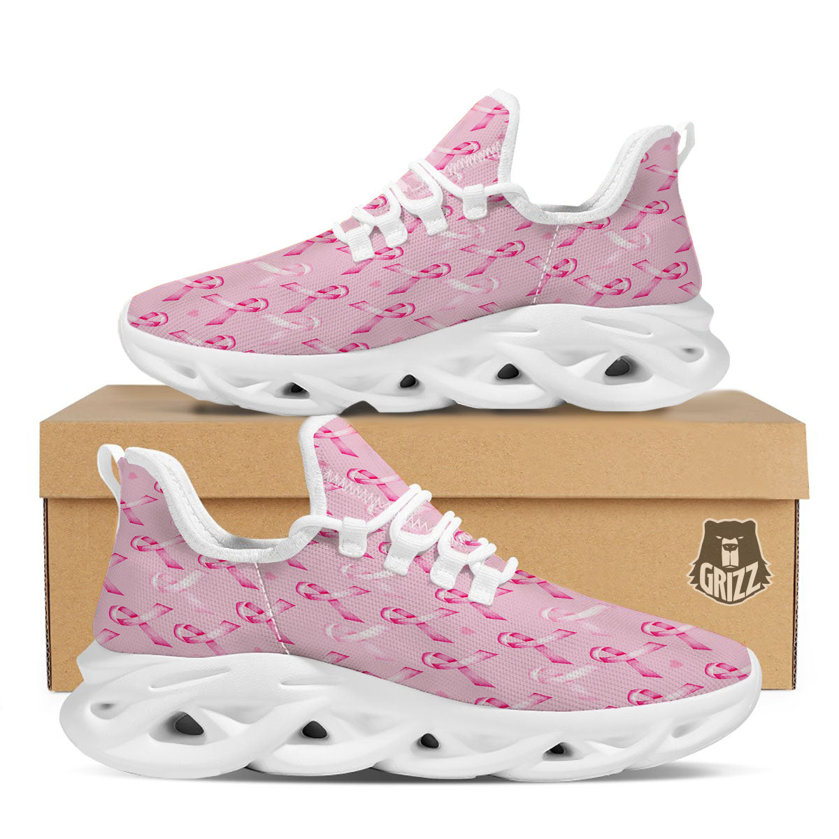 Breast Cancer Awareness Print Pattern White Running Shoes-grizzshop