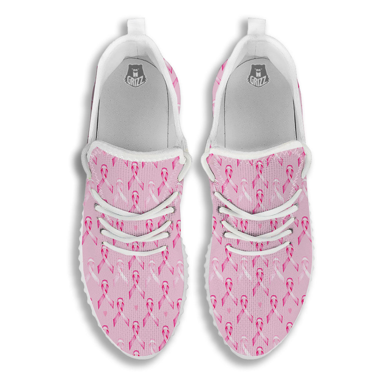 Breast Cancer Awareness Print Pattern White Walking Shoes-grizzshop