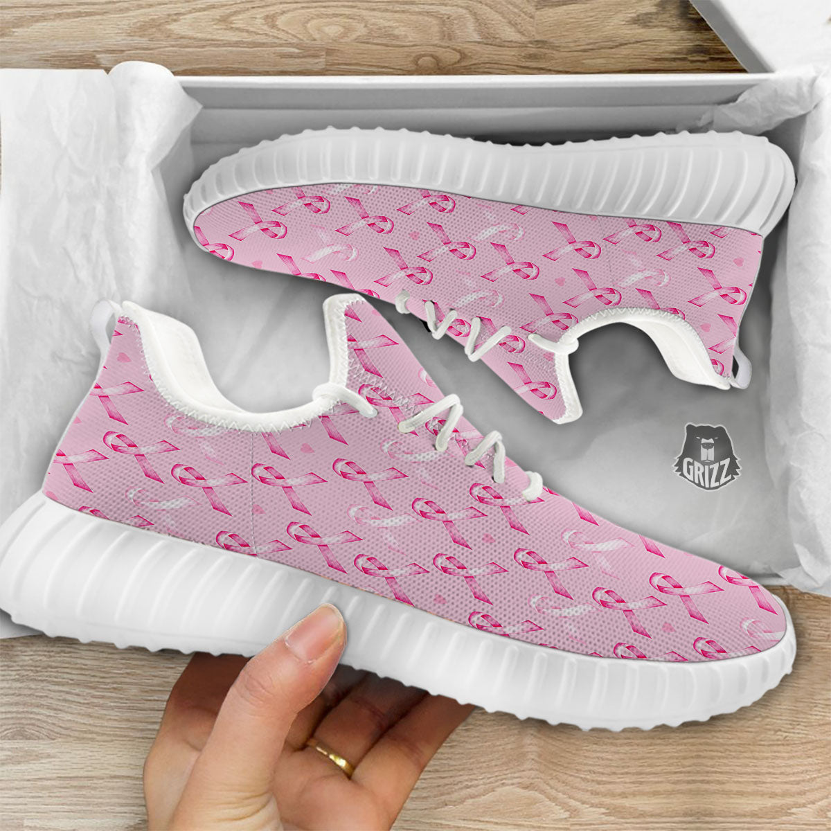 Breast Cancer Awareness Print Pattern White Walking Shoes-grizzshop
