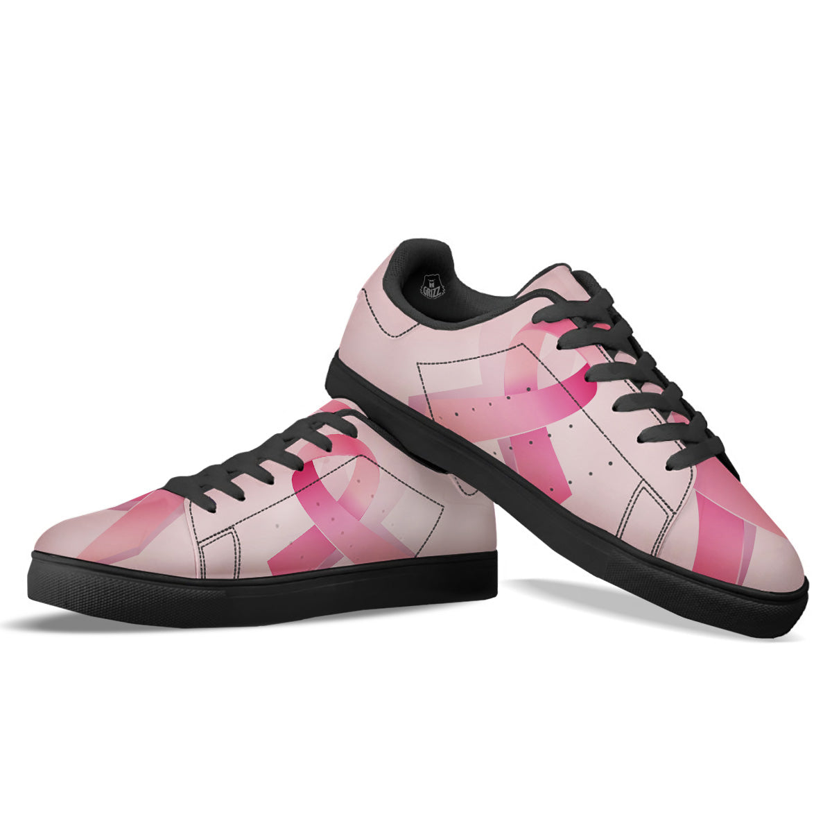 Breast Cancer Awareness Ribbon Print Black Low Top Sneakers-grizzshop