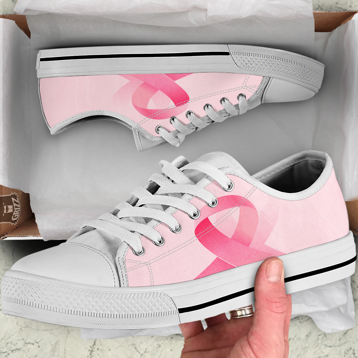 Breast Cancer Awareness Ribbon Print White Low Top Shoes-grizzshop