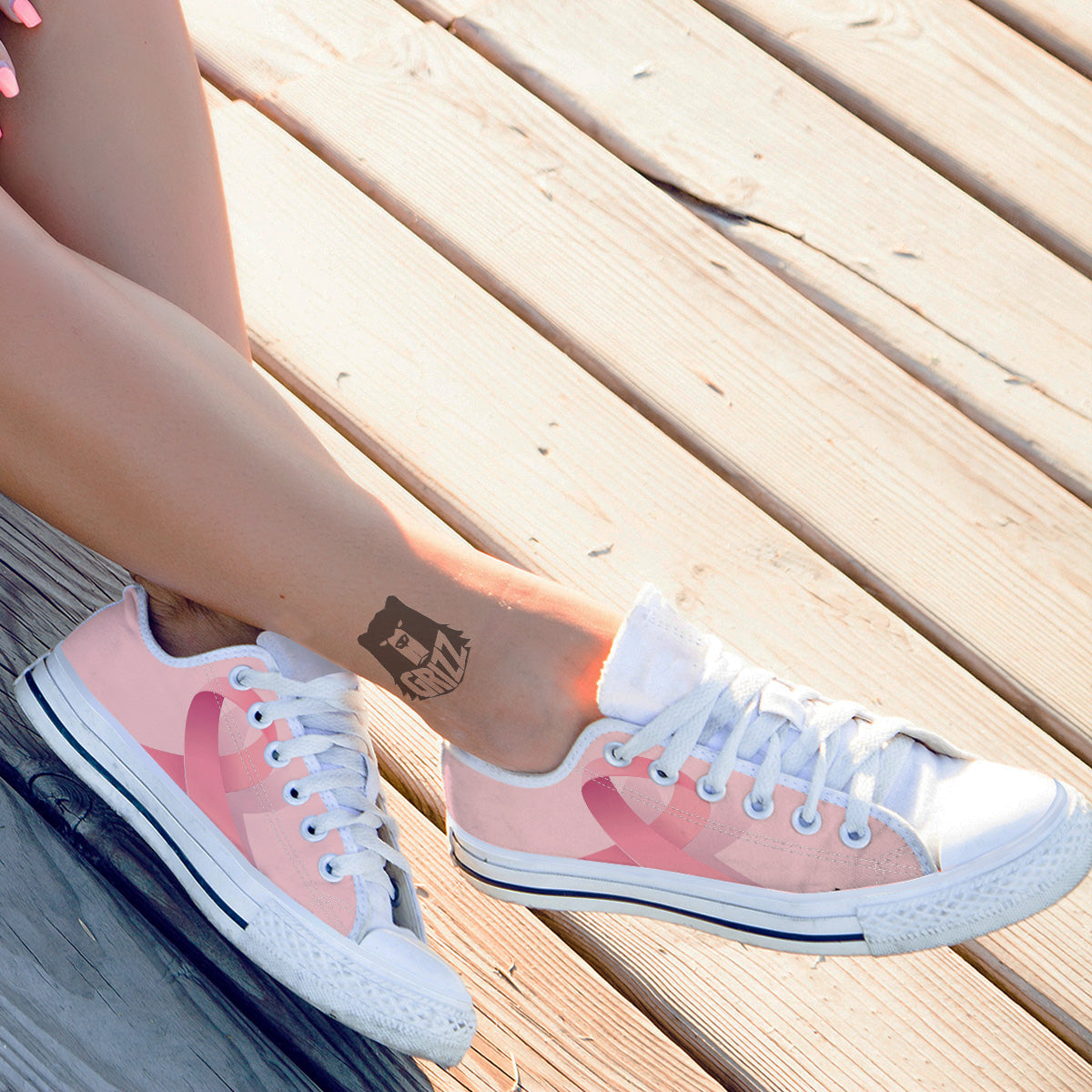 Breast Cancer Awareness Ribbon Print White Low Top Shoes-grizzshop