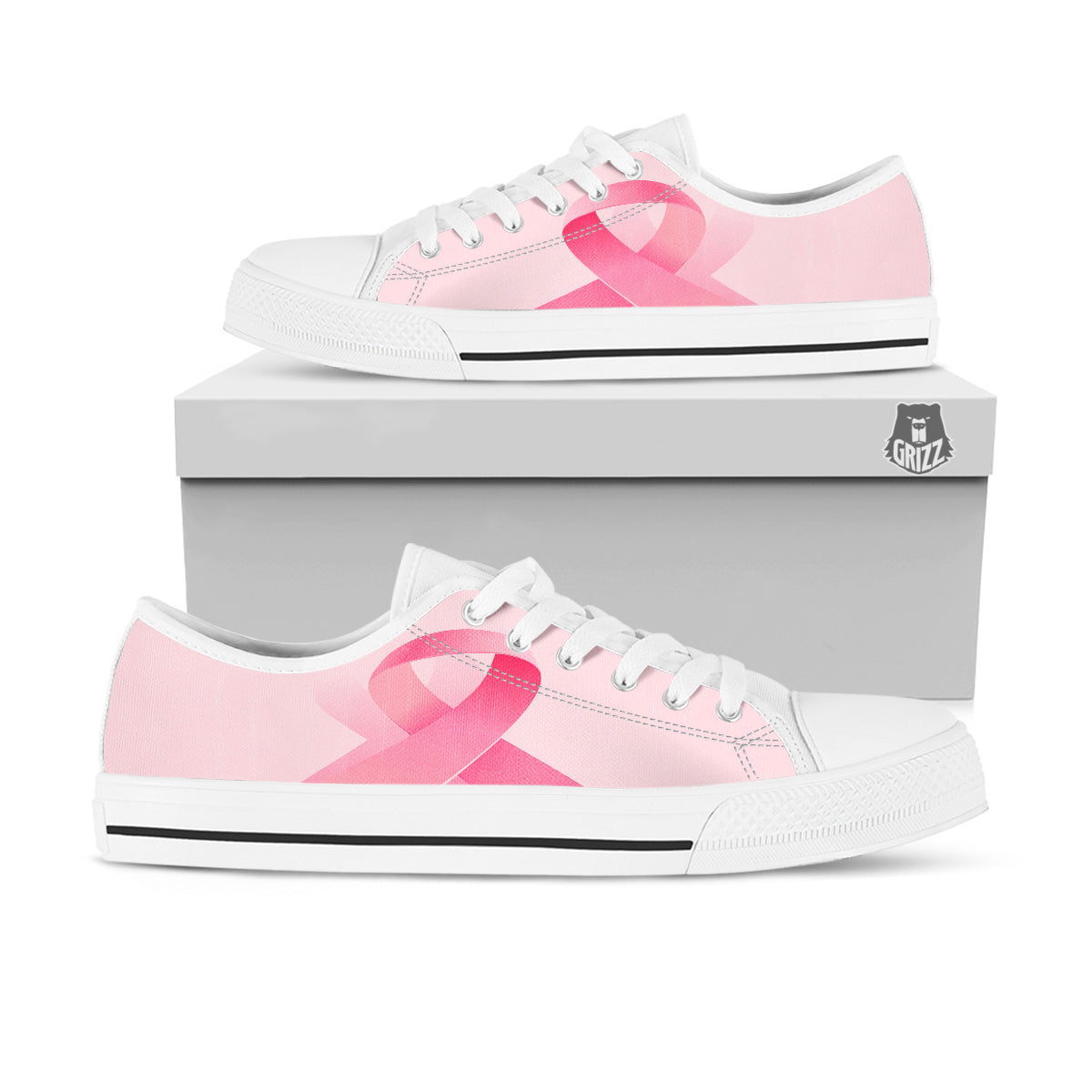 Breast Cancer Awareness Ribbon Print White Low Top Shoes-grizzshop