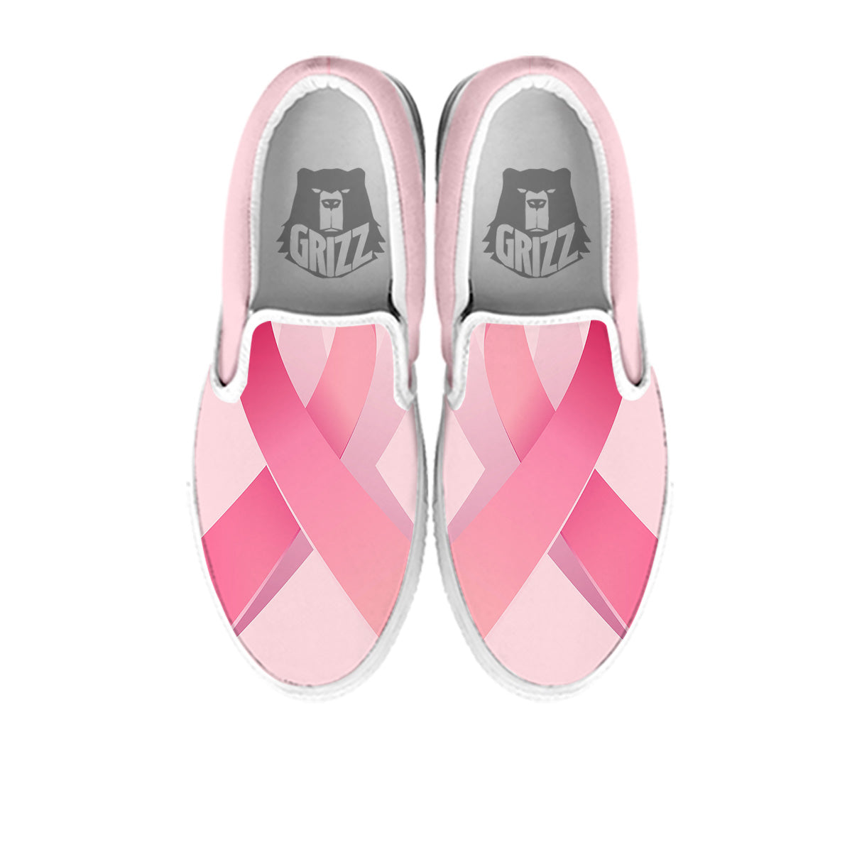 Breast Cancer Awareness Ribbon Print White Slip On Shoes-grizzshop