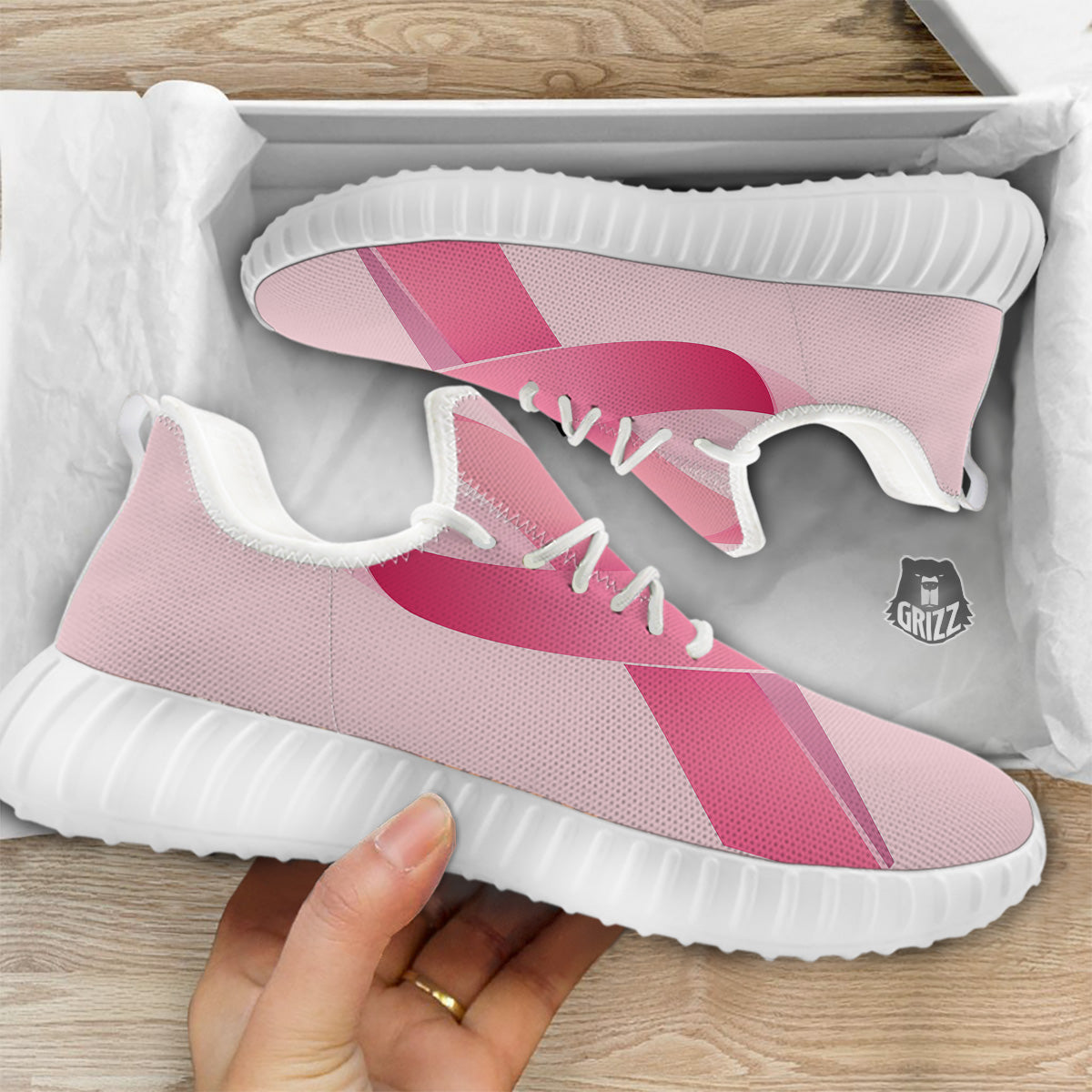 Breast Cancer Awareness Ribbon Print White Walking Shoes-grizzshop