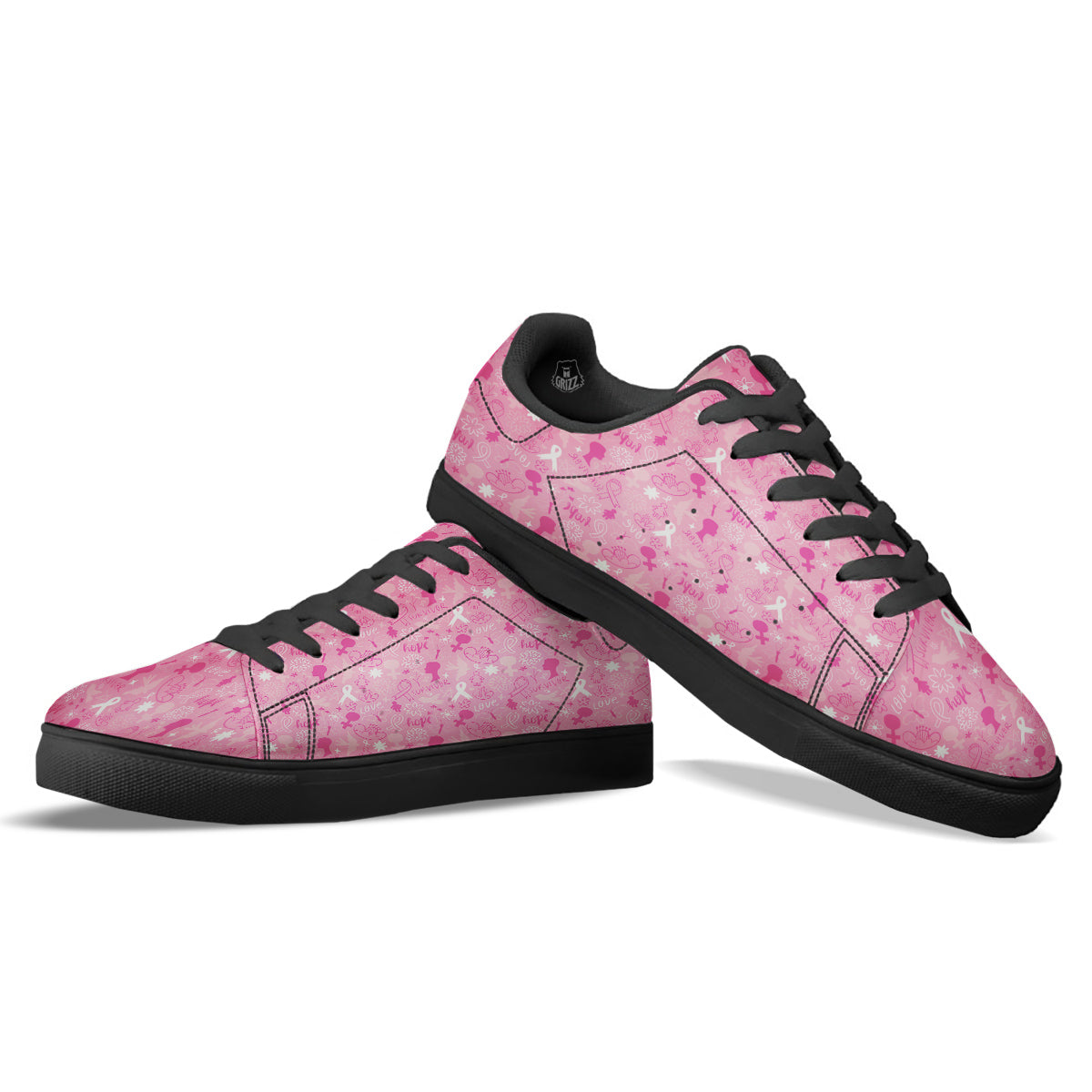 Breast Cancer Cute Pink Print Pattern Cute Black Low Top Sneakers-grizzshop
