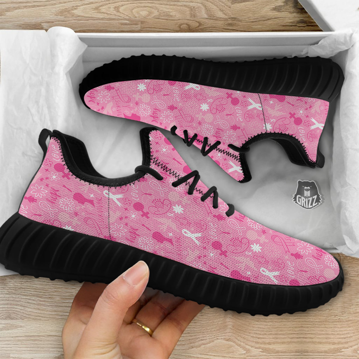Breast Cancer Cute Pink Print Pattern Cute Black Walking Shoes-grizzshop