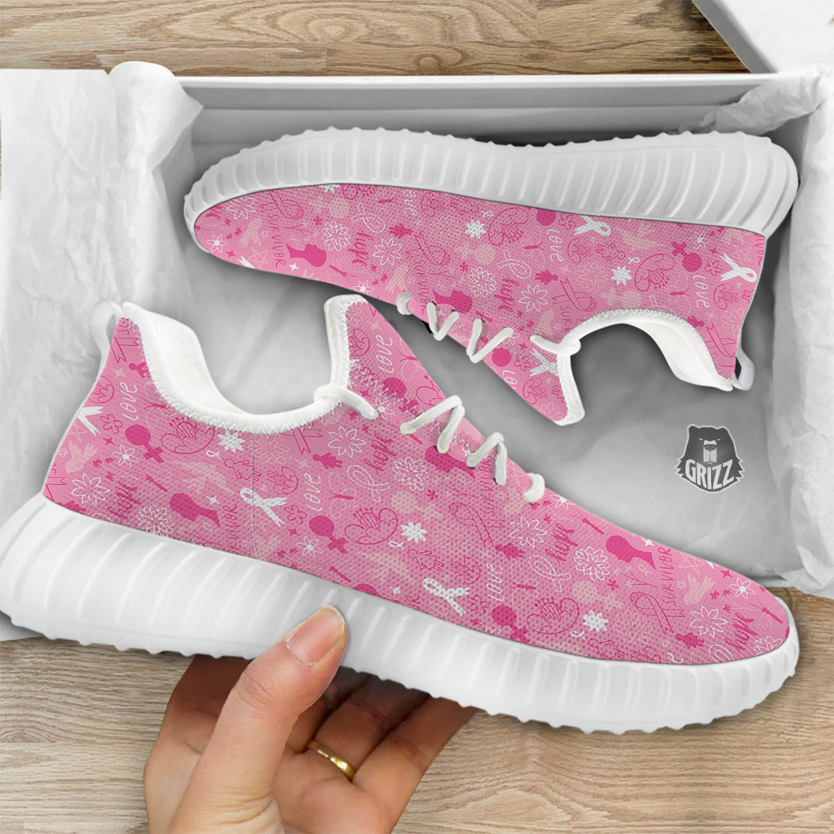 Breast Cancer Cute Pink Print Pattern Cute White Walking Shoes-grizzshop