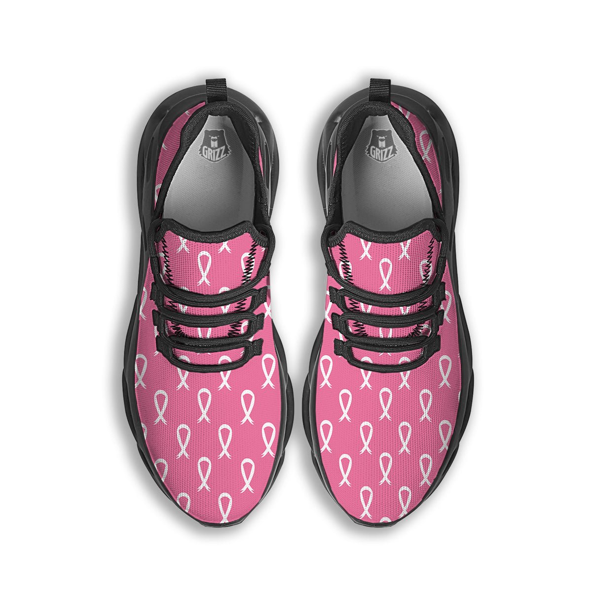 Breast Cancer Pink And White Print Pattern Black Running Shoes-grizzshop