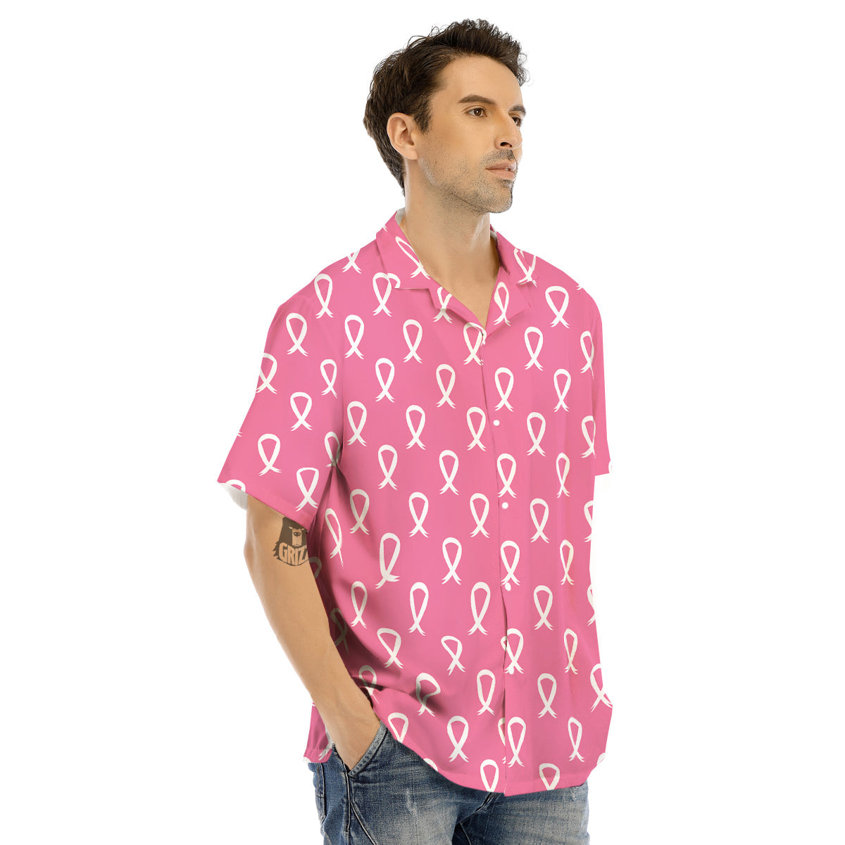 Breast Cancer Pink And White Print Pattern Men's Hawaiian Shirt-grizzshop