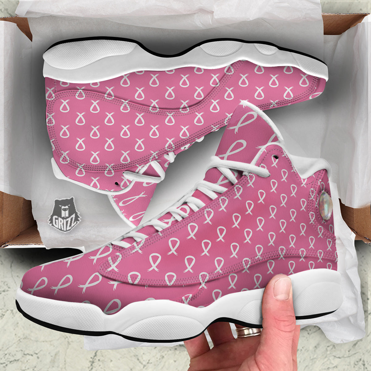 Breast Cancer Pink And White Print Pattern White Basketball Shoes-grizzshop