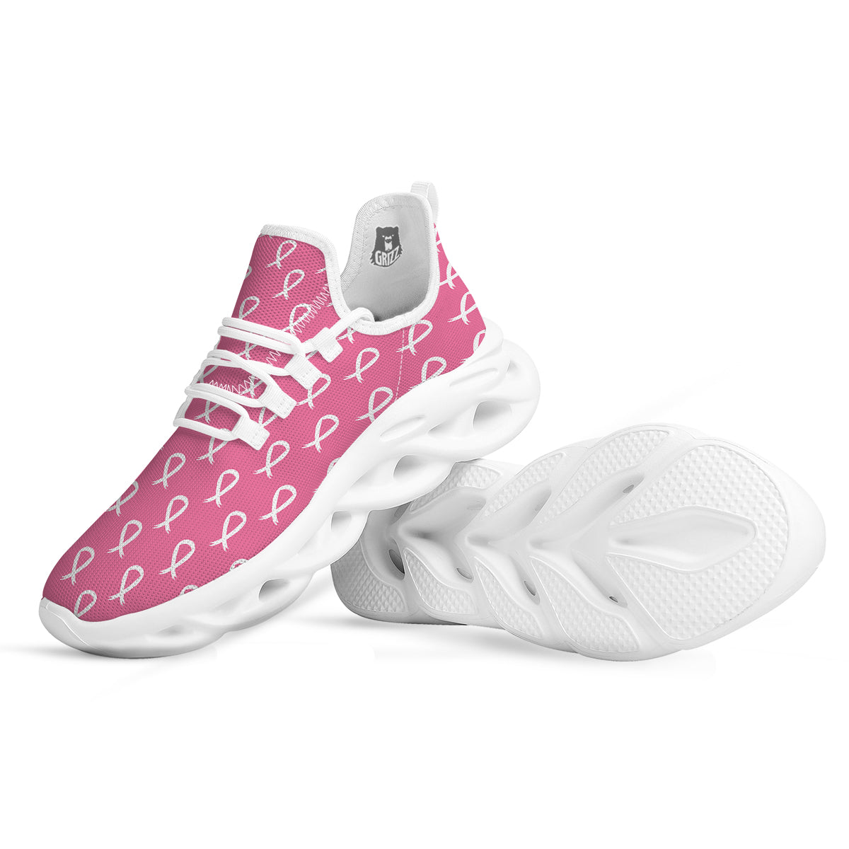 Breast Cancer Pink And White Print Pattern White Running Shoes-grizzshop