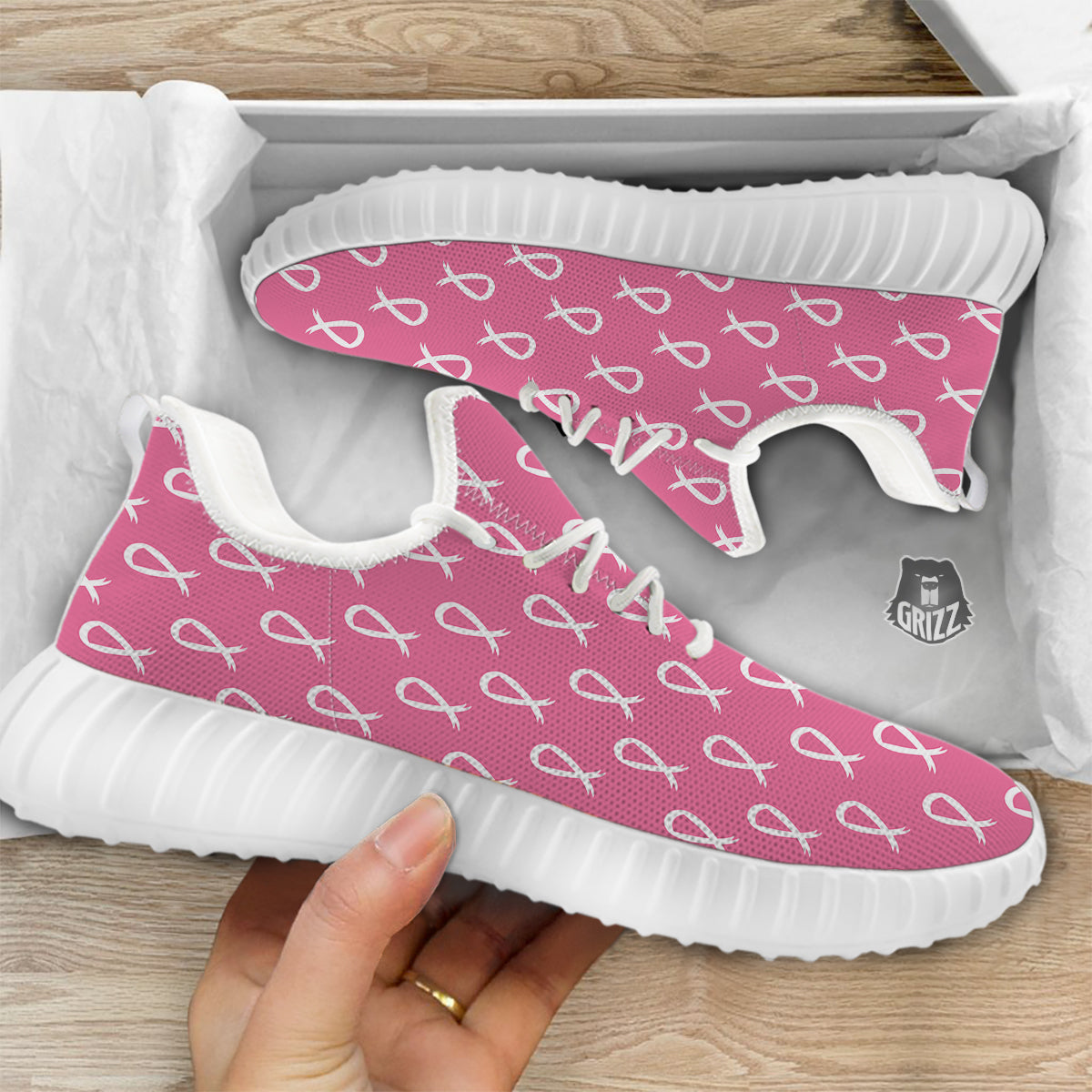 Breast Cancer Pink And White Print Pattern White Walking Shoes-grizzshop