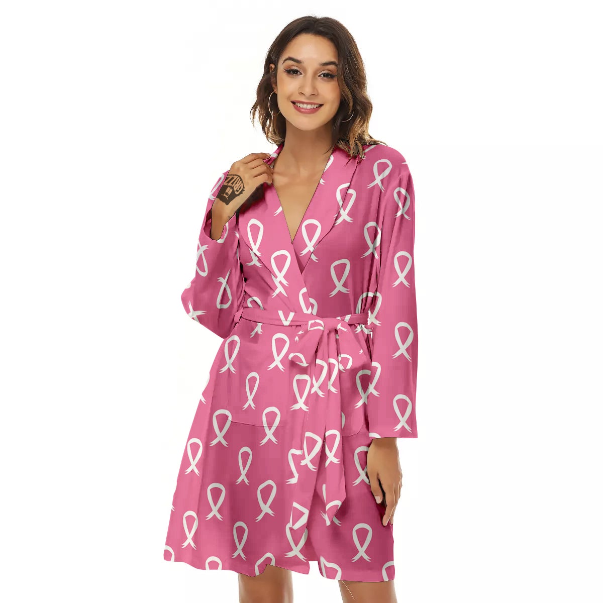 Breast Cancer Pink And White Print Pattern Women's Robe-grizzshop