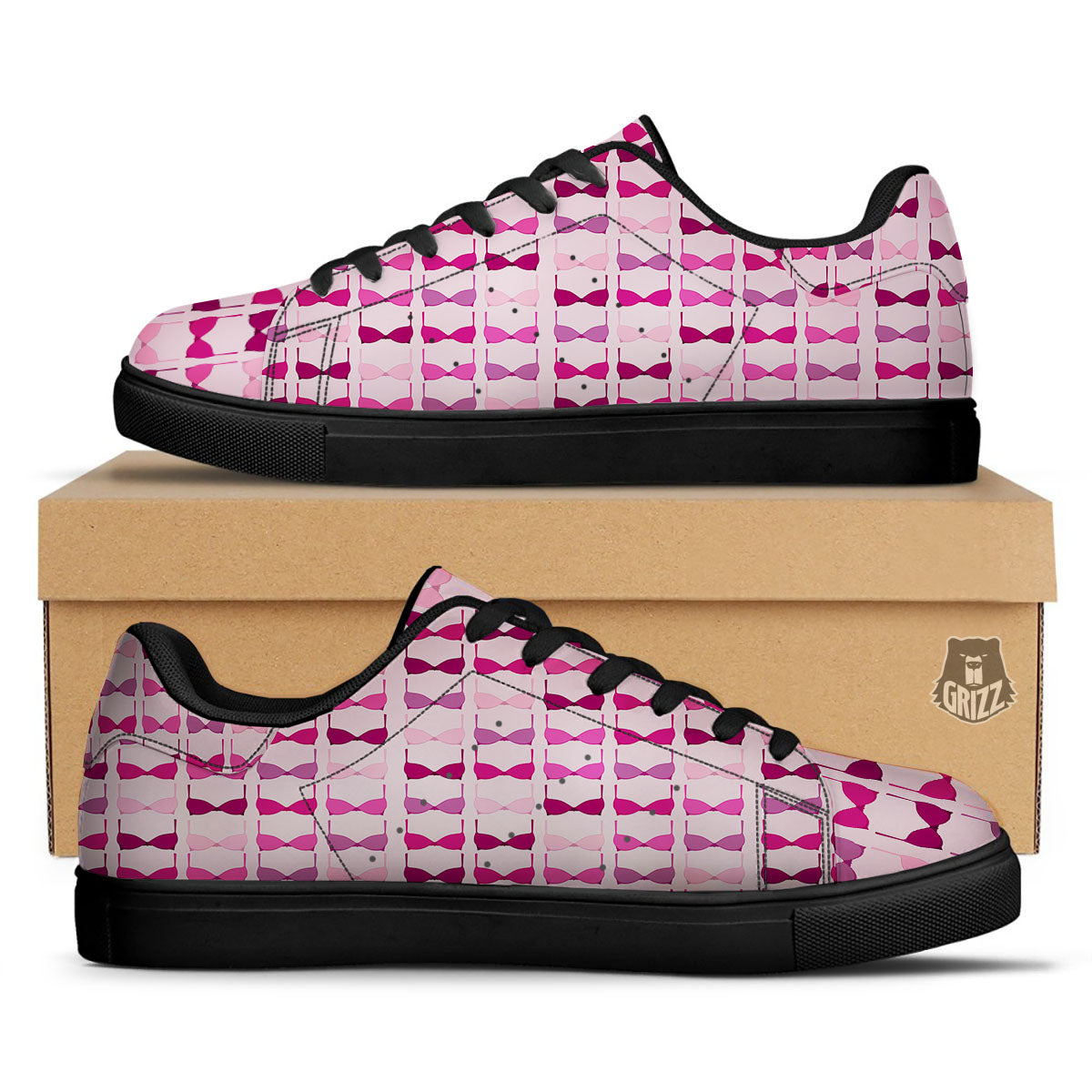 Breast Cancer Pink Bra Print Pattern Black Low Top Sneakers-grizzshop