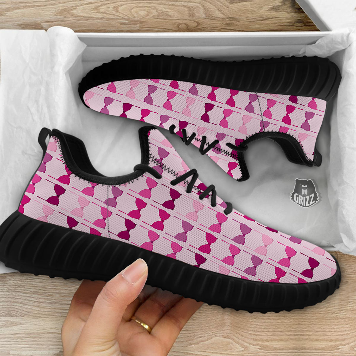Breast Cancer Pink Bra Print Pattern Black Walking Shoes-grizzshop
