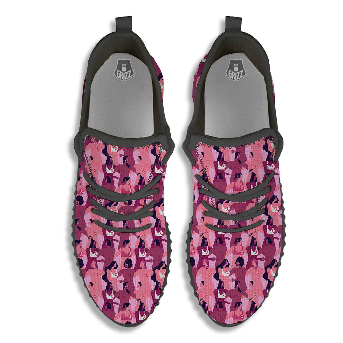 Breast Cancer Pink Print Pattern Black Walking Shoes-grizzshop